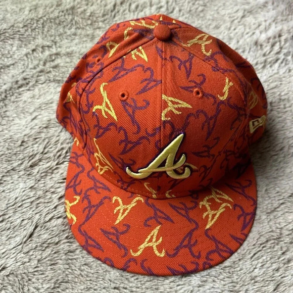 Atlanta Braves Hat New Era 59Fifty All Over Print Baseball Cap Orange 7 3/4 New - Picture 15 of 16